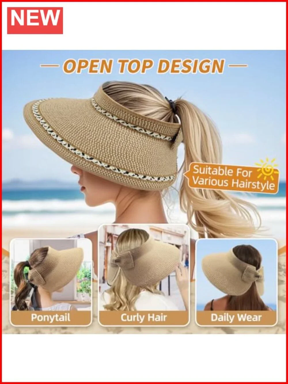 Wide Brim Straw Sun Visor Hat UPF 50+ Foldable Packable Ponytail Beach Summer